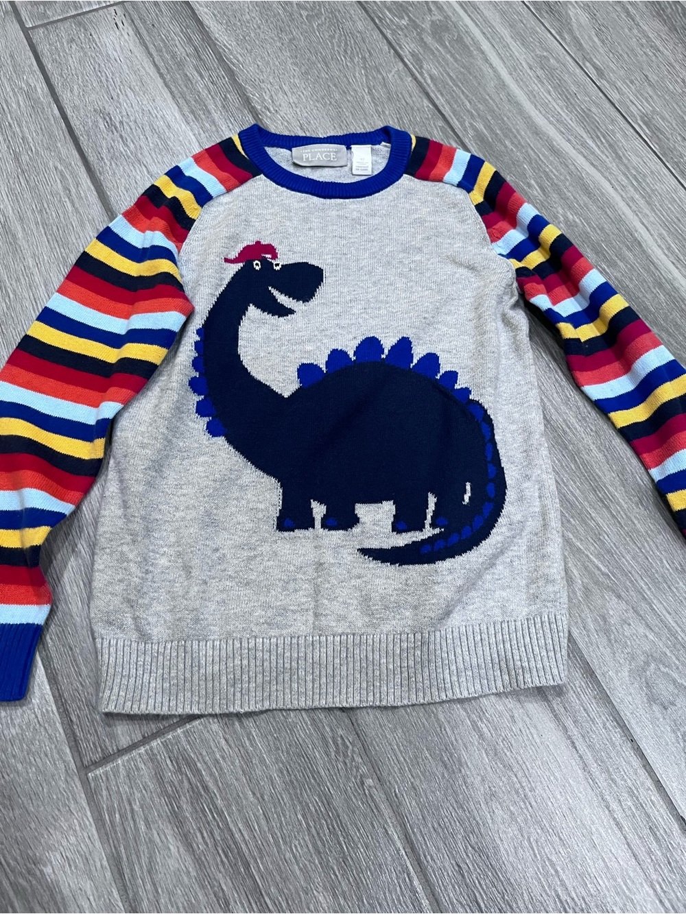 The Children's Place Gray Sweater with Navy Dino & Multicolor Stripe Sleeves